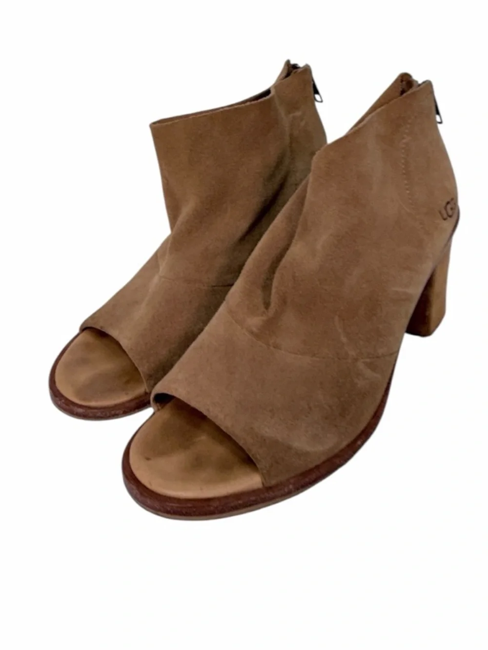 UGG Australia Suede Open Toe Booties Heels Brown Size 7.5 Block Heel Ankle Boots - Picture 4 of 16